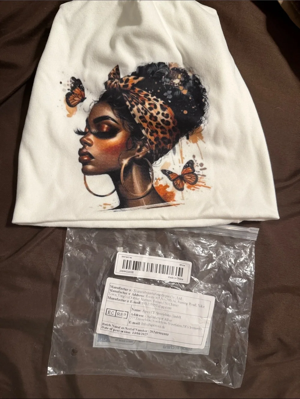 White Beanie with Artistic Black Woman Portrait and Leopard Headwrap - Picture 3 of 3